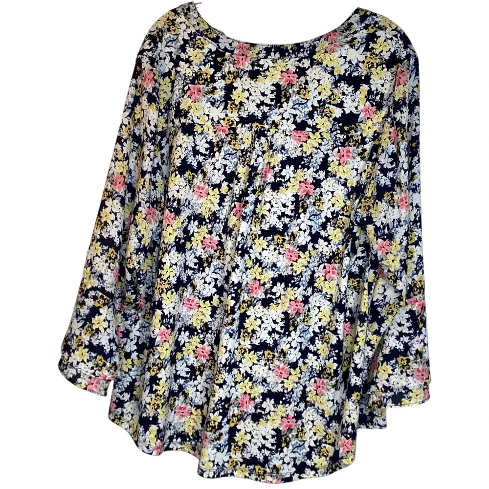 Charter Club Womens 1X Navy Floral Print Pleated V Neck Long Sleeve Tunic Top‎